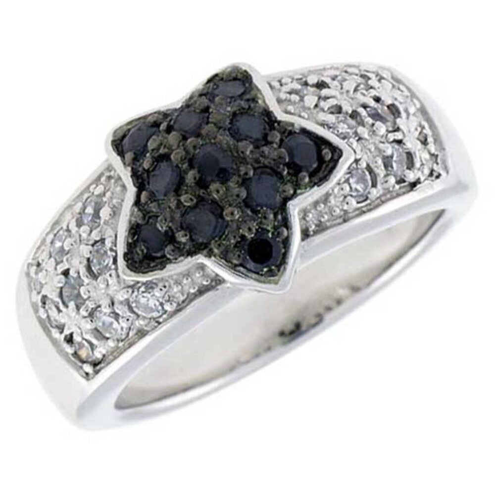 Sterling Silver Star Ring, Rhodium Plated w/ 18 White & 11 Black 2mm CZ